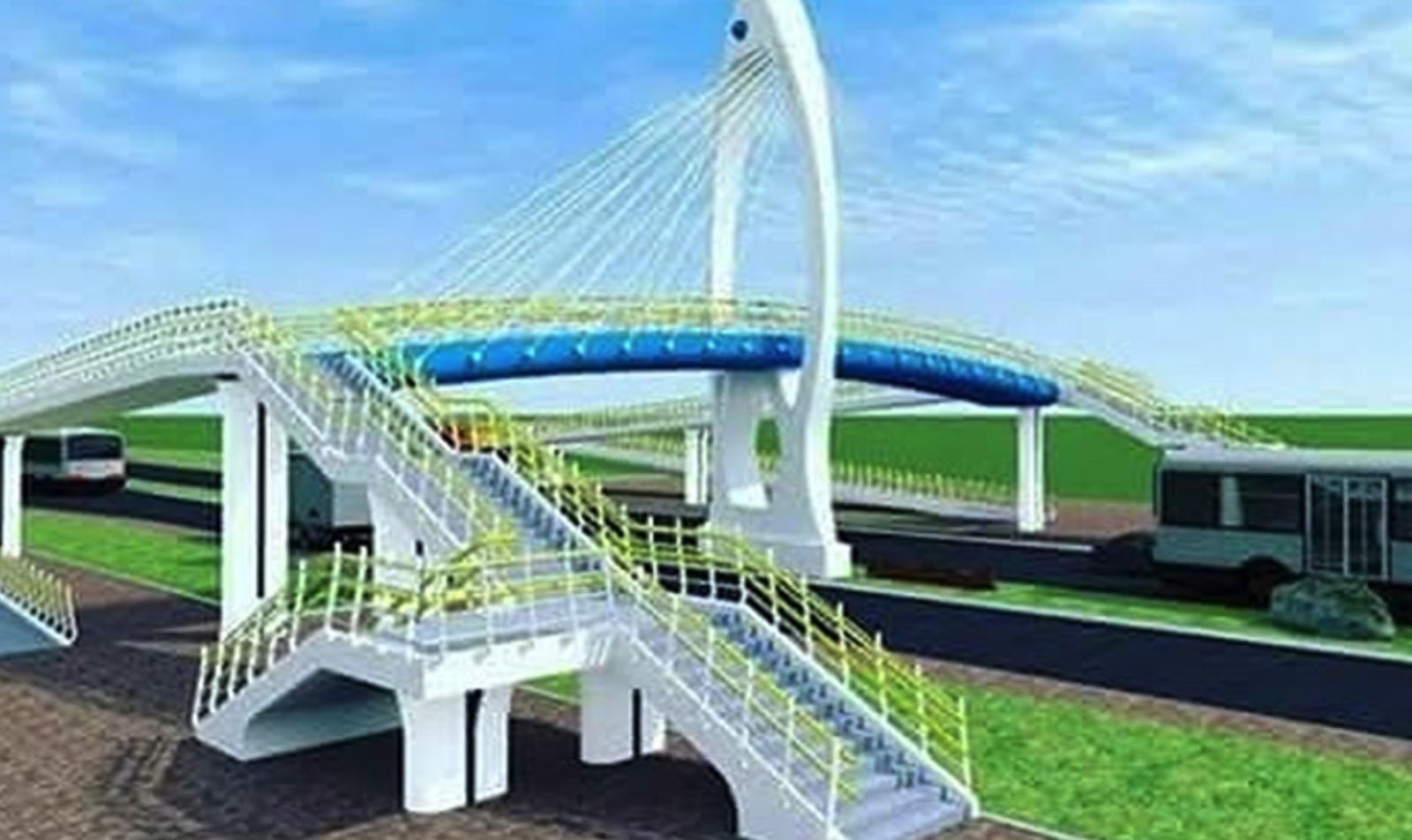 Rendering of a white cable-stayed pedestrian flyover with a curved blue deck and stair access, spanning a road with buses passing beneath
