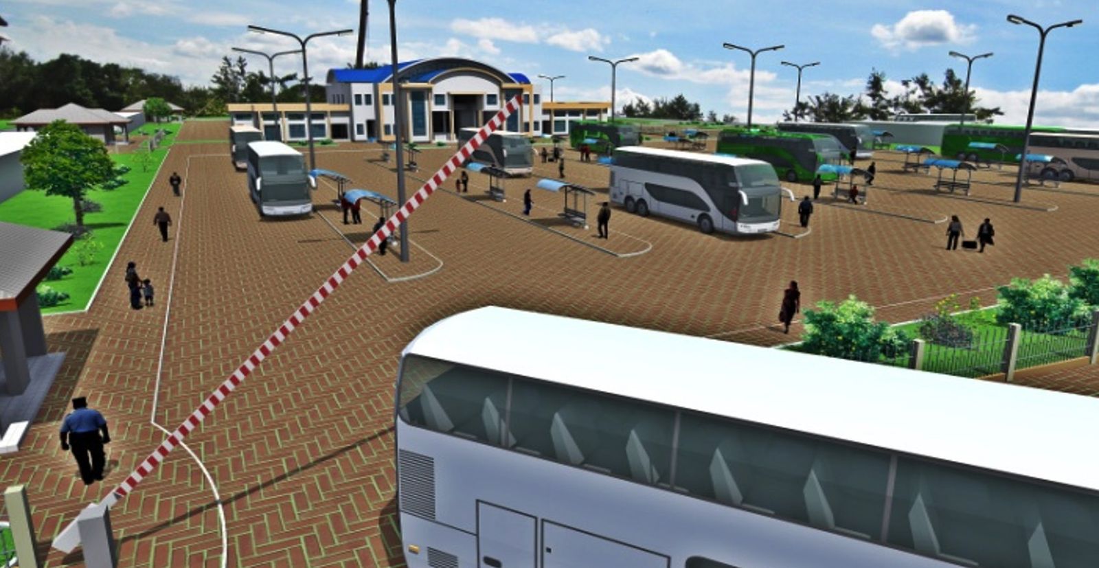 Architectural rendering of a bus terminal forecourt with coaches parked in bays, passengers walking across block paving and the terminal building behind