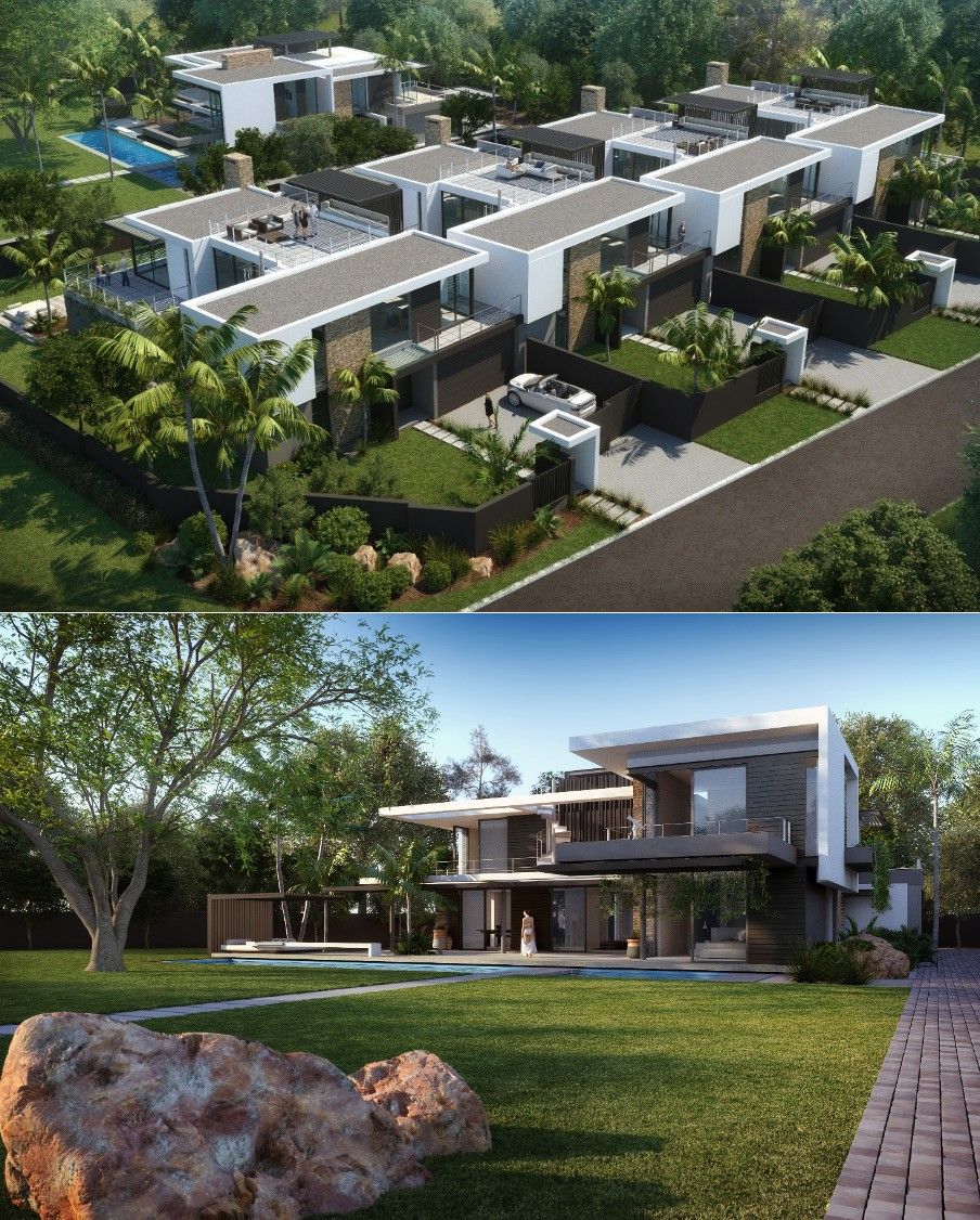 Two architectural renderings of modern flat-roofed white residential buildings: an aerial view of a terraced block with rooftop terraces and gardens, and a two-storey house with a lawn and a pool