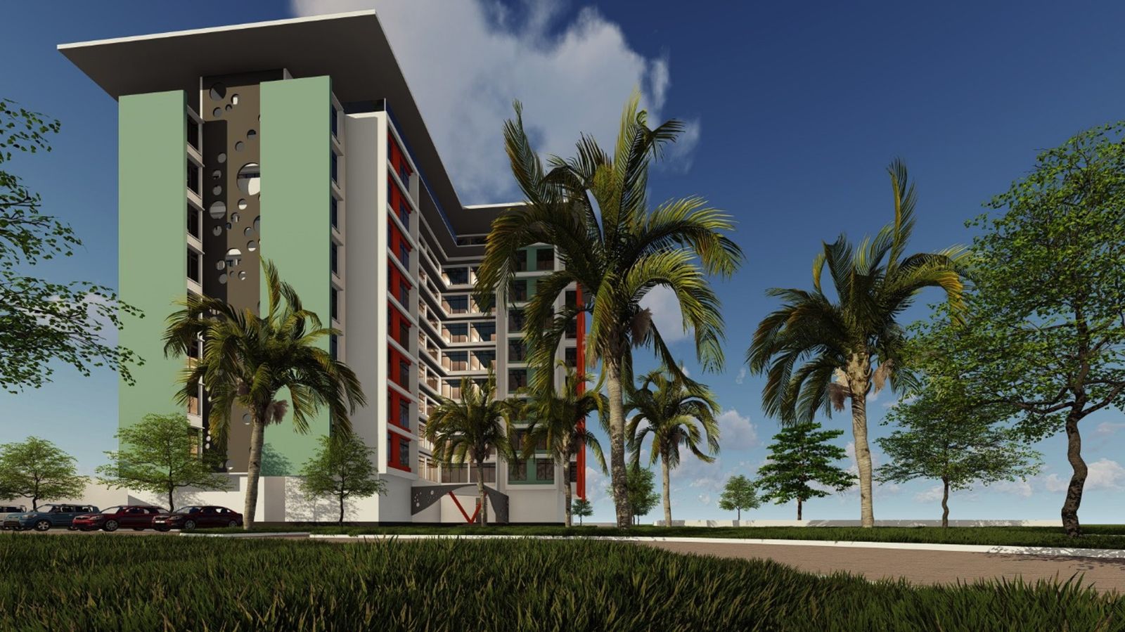 Architectural rendering of a seven-storey accommodation block with a green and white facade, red accent fins and deep balconies, framed by palm trees